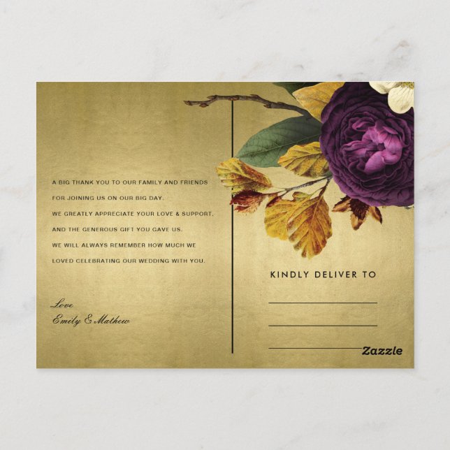 CARTÃO POSTAL MARINHO DOURADO RETRO BURGUNDY FLORAL WEDDING OBRI (Verso)
