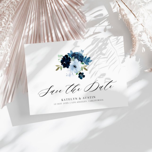 Cartão Postal marinho e azul-claro floral guarde o cartão-postal (Criador carregado)