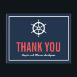 Cartão Postal Marinho e Coral - Helma Náutica Obrigado Cartão-po<br><div class="desc">Marinho e Casamento Náutico de Coral Obrigado Cartão-postal marinho escuro,  azul e cartões de agradecimentos de coral,  com uma ilustração de helm branco. Isso é perfeito para casamentos náuticos temidos ou casamentos temáticos no mar e no oceano. com</div>