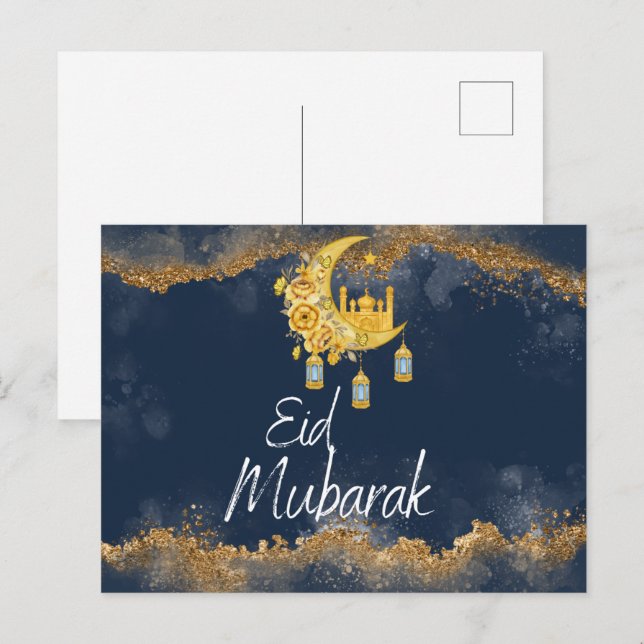 Cartão Postal Marinho e Dourado Agate Eid Mubarak Eid (Frente/Verso)