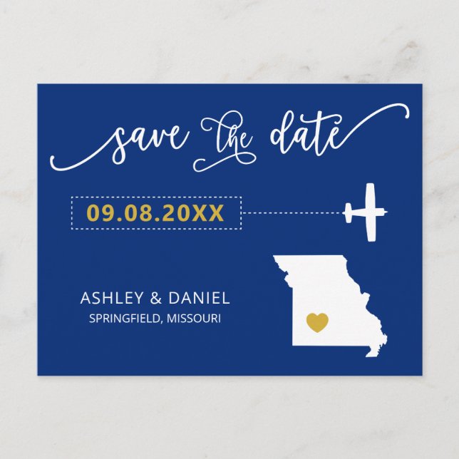Cartão Postal Marinho Missouri Wedding Save the Date Map Postcar (Frente)
