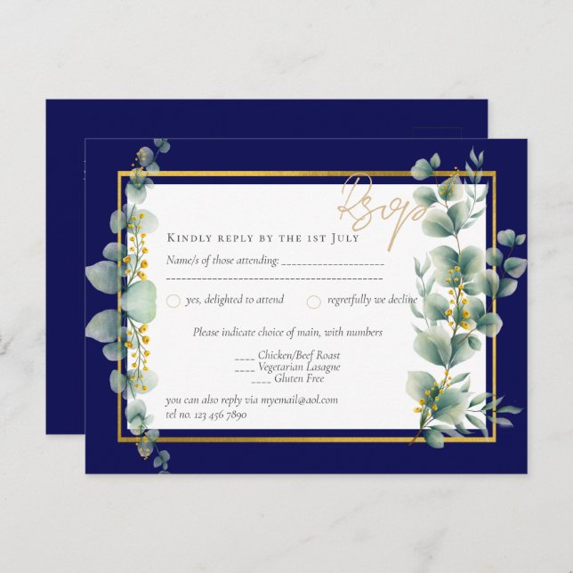 Cartão Postal Marinho RSVP Casamento Verde DOURADO AZUL Eucalypt (Frente/Verso)