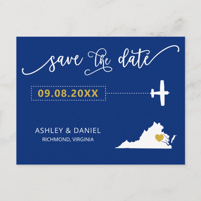 Cartão Postal Marinho Virgnia Weding Save the Date Map Postcard (Frente)