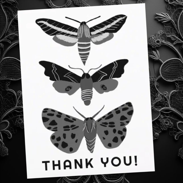 Cartão Postal Mariposas Místicas Mágicas Pretas e Brancas OBRIGA (Gothic dark moths make a moody thank you card. customize with your own text)