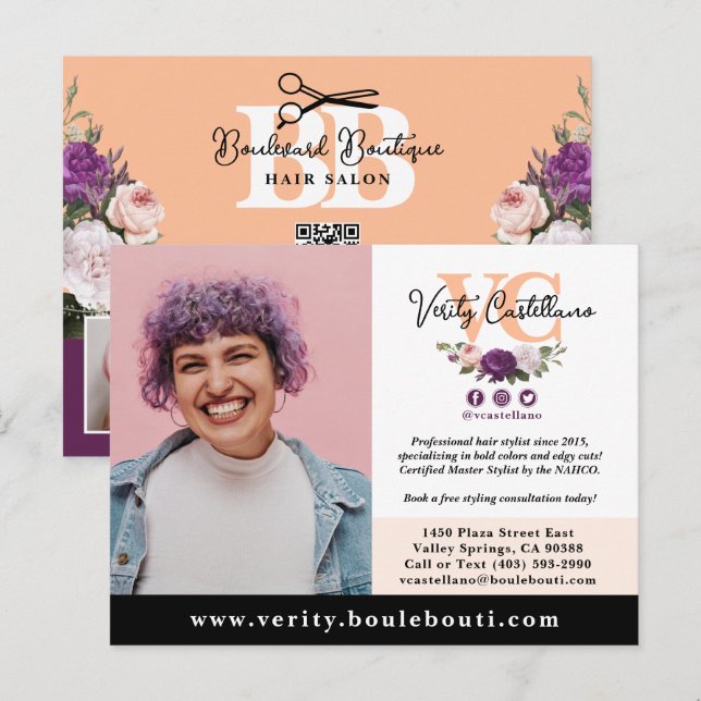 Cartão Postal Marketing de Fotografias bonito Peach Floral Salon (Frente/Verso)