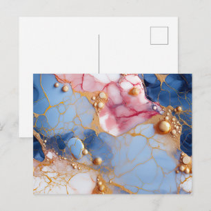 Cartão Postal Mármore Blush & Safira com Pérolas Douradas