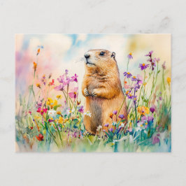 Cartão Postal Marmot na pintura de aquarela de campo de flores