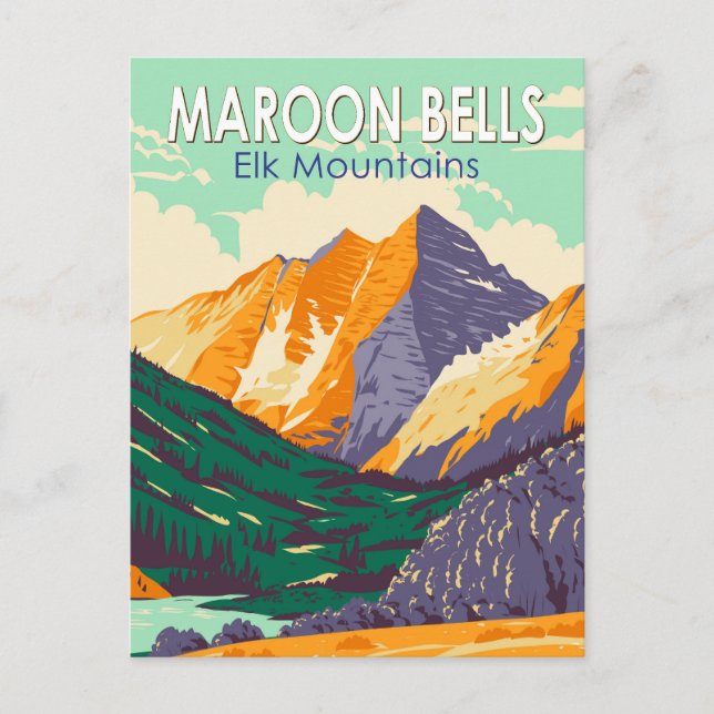 Cartão Postal Maroon Bells Elk Mountain Vintage Art (Frente)
