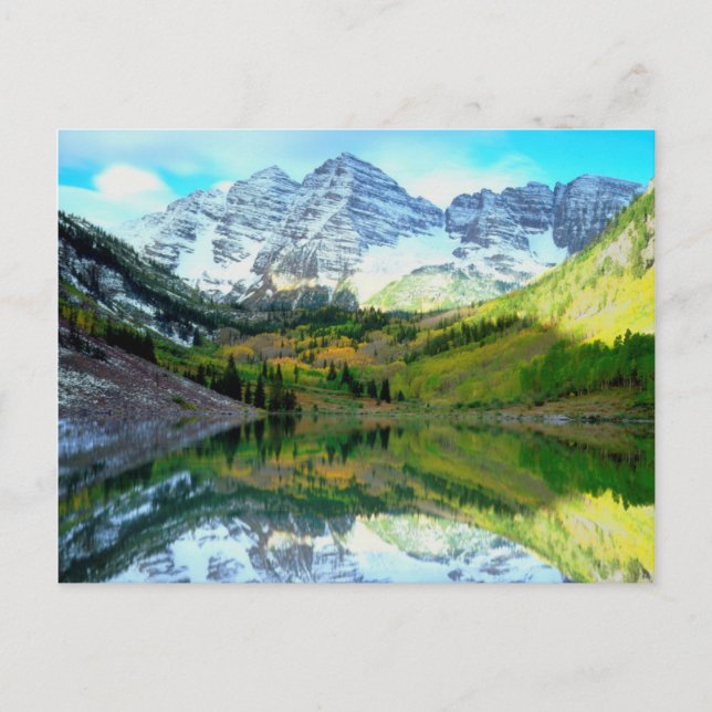 Cartão Postal Maroon Bells refletindo no lago de Maroon (Frente)