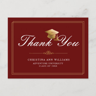 Cartão Postal Maroon Gold White Script Graduation Thank You