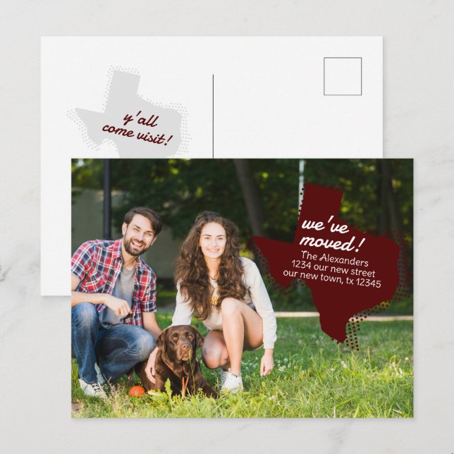 Cartão Postal Maroon Nós nos mudamos - Dotted Texas Moving (Frente/Verso)
