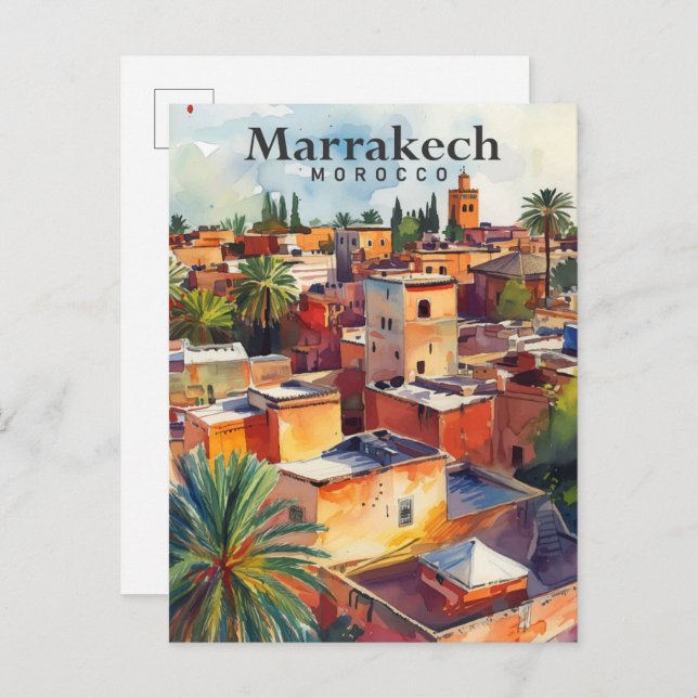 Cartão Postal Marrakech Viagem de Impressão de Cores Aquáticas (Frente/Verso)