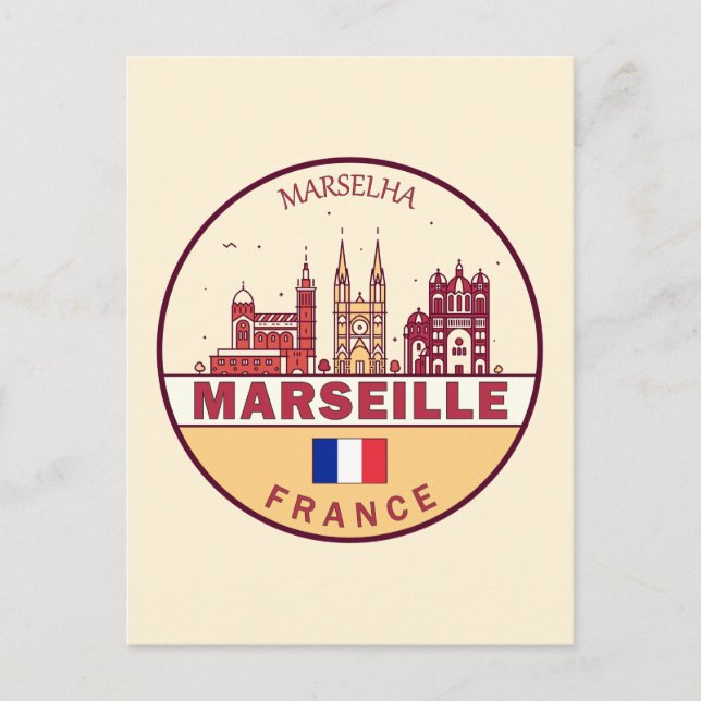 Cartão Postal Marselha França City Skyline Emblem (Frente)