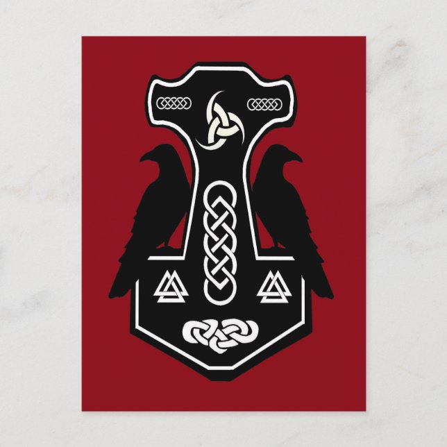 Cartão Postal Martelo Celta Pagan Thor com Ravens (Frente)