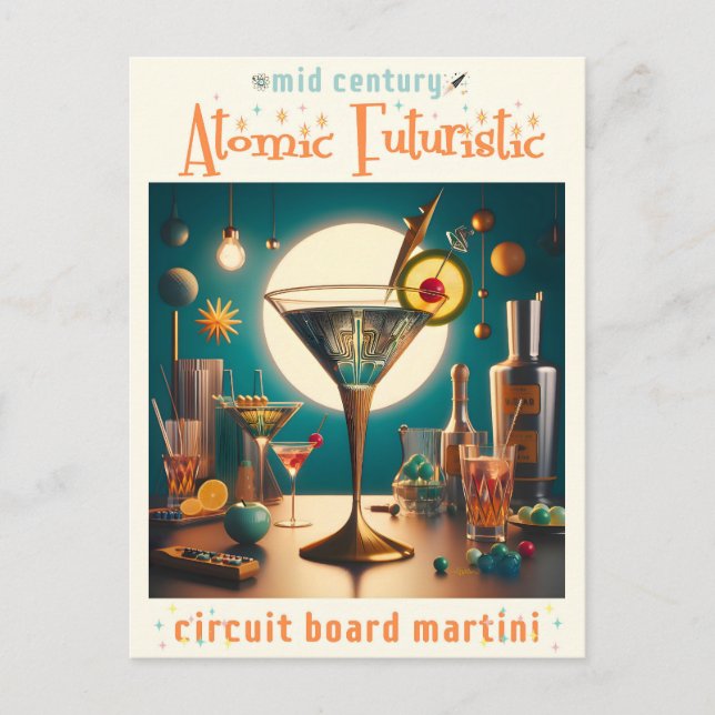 Cartão Postal Martini Futurista de Placa de Circuito Atômico (Frente)
