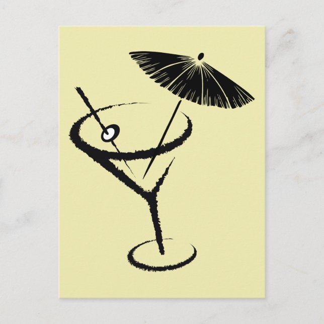Cartão Postal Martini ~ Retro Cocktail Beba Olive & Umbrella (Frente)