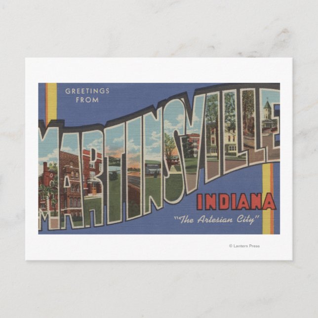 Cartão Postal Martinsville, Indiana - Cenas com Letras Grandes (Frente)