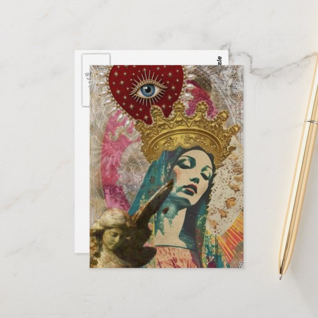 Cartão Postal Mary and Angel Mixed Media Collage (Frente/Verso In Situ)