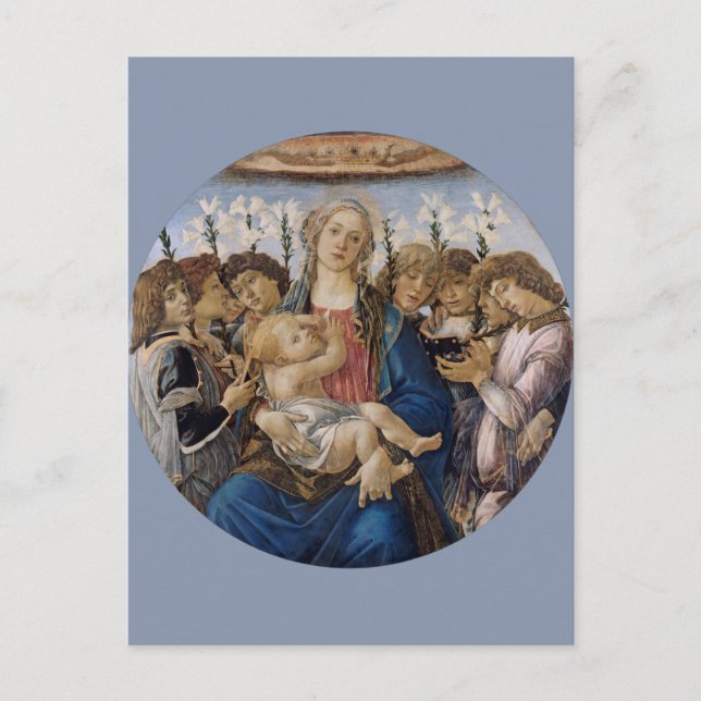 Cartão Postal Mary com Criança e Anjos Cantos por Botticelli (Frente)