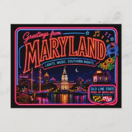 Cartão Postal Maryland Neon Estado Retro Vintage