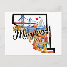 Cartão Postal Maryland USA State Shaped Vintage Watercolor