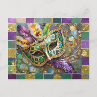 Cartão Postal Máscara de Cerâmica de Metal Mardi Gras com Penas
