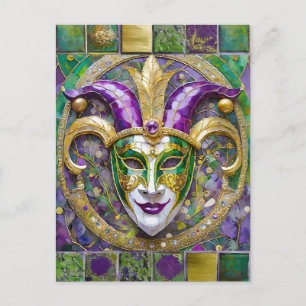 Cartão Postal Máscara de Jester do Mardi Gras Roxa Verde Dourada