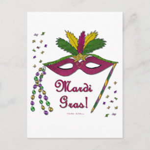 Cartão Postal Máscara de Mardi Gras Contas de Pena