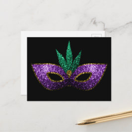 Cartão Postal Máscara de Mardi Gras Roxo Verde Dourado Brilhos p