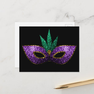 Cartão Postal Máscara de Mardi Gras Roxo Verde Dourado Brilhos p