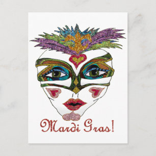 Cartão Postal Máscara de Pena Brilhante Colorida de Mardi Gras