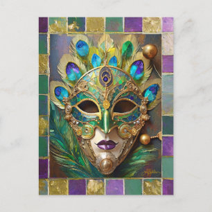 Cartão Postal Máscara de Pena de Pavão Cerâmico Dourado de Mardi