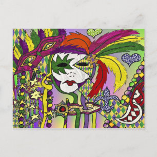 Cartão Postal Máscara de Pena Mardi Gras Psicodélica