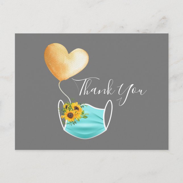 Cartão Postal Máscara de rosto e flores Obrigado (Frente)