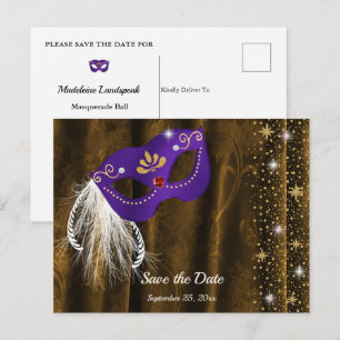 Cartão Postal Máscara roxa Bronze Dourado Damask Salve a Data