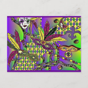 Cartão Postal Máscaras de Penas do Mardi Gras Psicodélico Presen