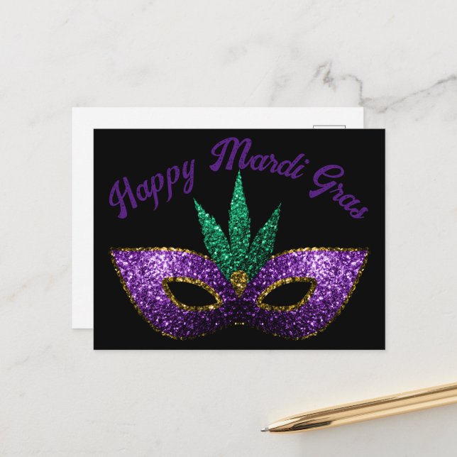 Cartão Postal Mask Purple Green Sparkles Happy Mardi Gras (Frente/Verso In Situ)