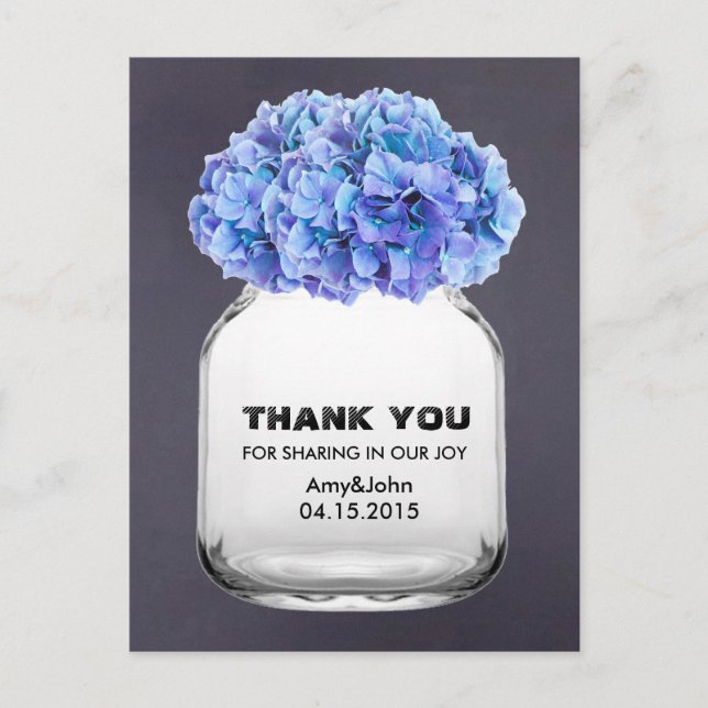 Cartão Postal Mason jar azul hydrangea obrigado note hydrangea7 (Frente)