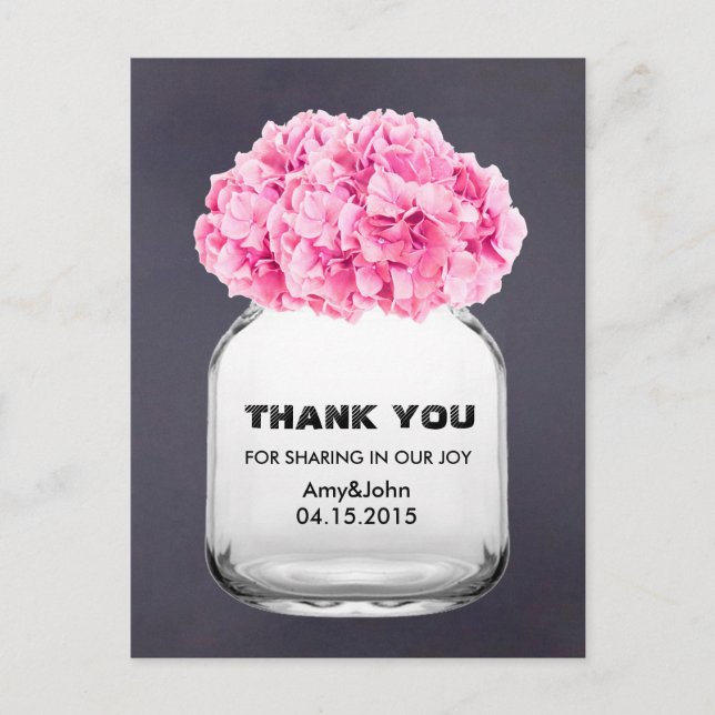 Cartão Postal Mason jar rosa hydrangea obrigado note hydrangea5 (Frente)