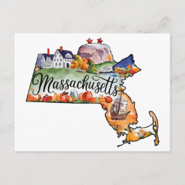 Cartão Postal Massachusetts EUA Estado Formato Vintage Aquarela