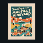 Cartão Postal Massachusetts Martha’s Vineyard 1950s Retro<br><div class="desc">Massachusetts Martha’s Vineyard Greetings Postcard, Retro 1950s Style Travel Souvenir, Colorful Mid-Century Graphic Design Island Art POD Description: Send a splash of mid-century charm with this vibrant Martha’s Vineyard Greetings postcard inspired by classic 1950s travel art. Designed in a bold retro style, this artistic rendering captures the relaxed island spirit...</div>