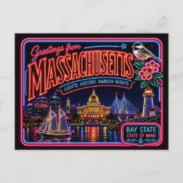 Cartão Postal Massachusetts Neon Estado Retro Vintage