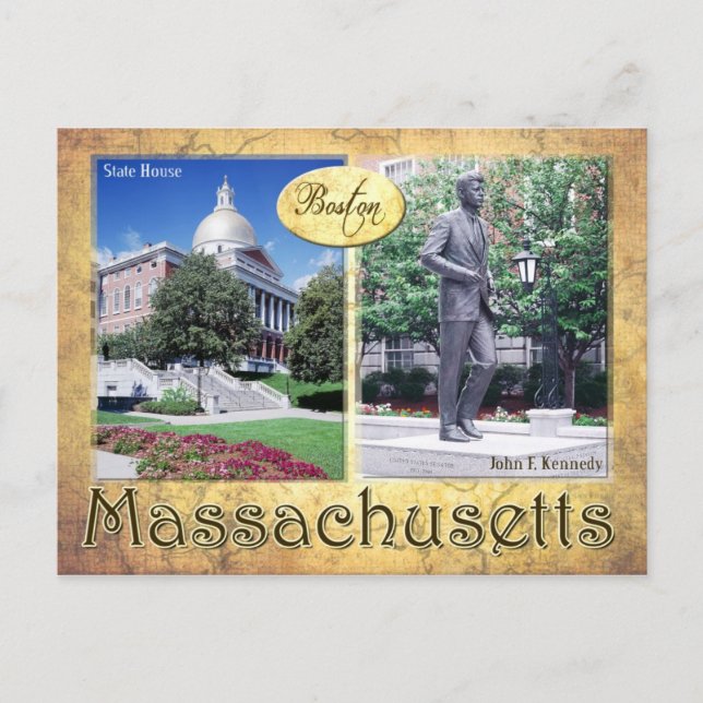 Cartão Postal Massachusetts State House & Kennedy's Statue (Frente)