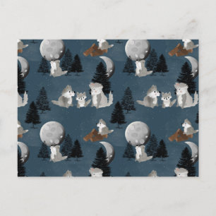 Cartão Postal Matilha de Lobo Fofo Noite Florestal Céu Lua