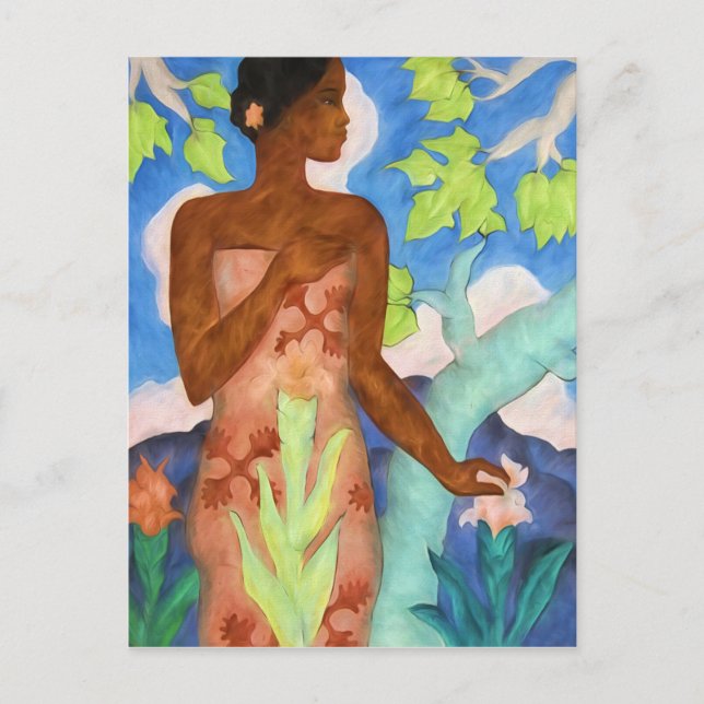 Cartão Postal Matizes das Ilhas Vibrantes e Mulher Polinésia (Frente)