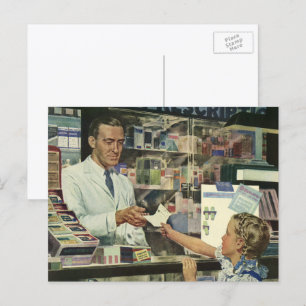 Cartão Postal Medicina Vintage, Farmacêutica e Rapariga em Farm