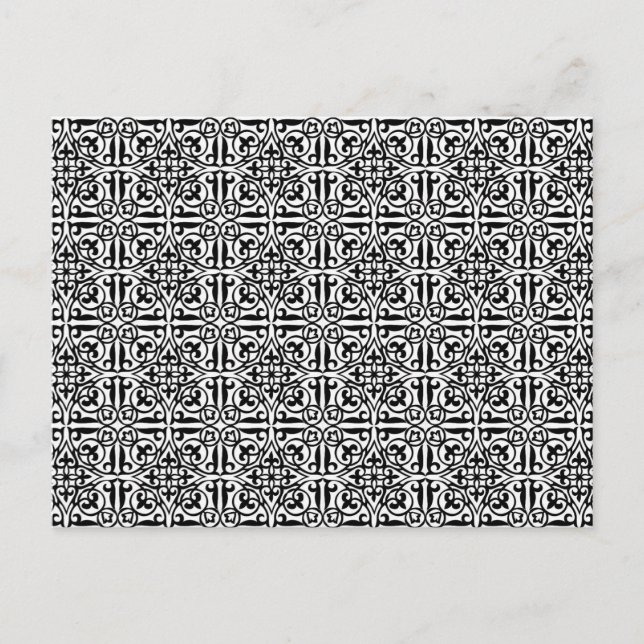 Cartão Postal Medieval Damask Fleur-de-lis, preto e branco (Frente)