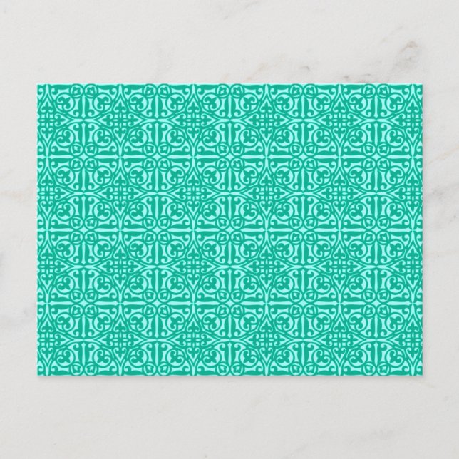 Cartão Postal Medieval Damask Fleur-de-lis, turquesa & aqua (Frente)