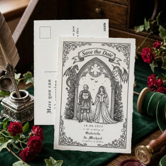 Cartão Postal Medieval Gothic Knight Bride Groom Save The Date (Criador carregado)