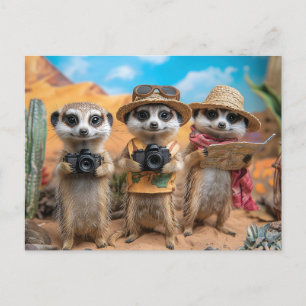 Cartão Postal Meerkats vestidos como turistas com câmeras e mapa